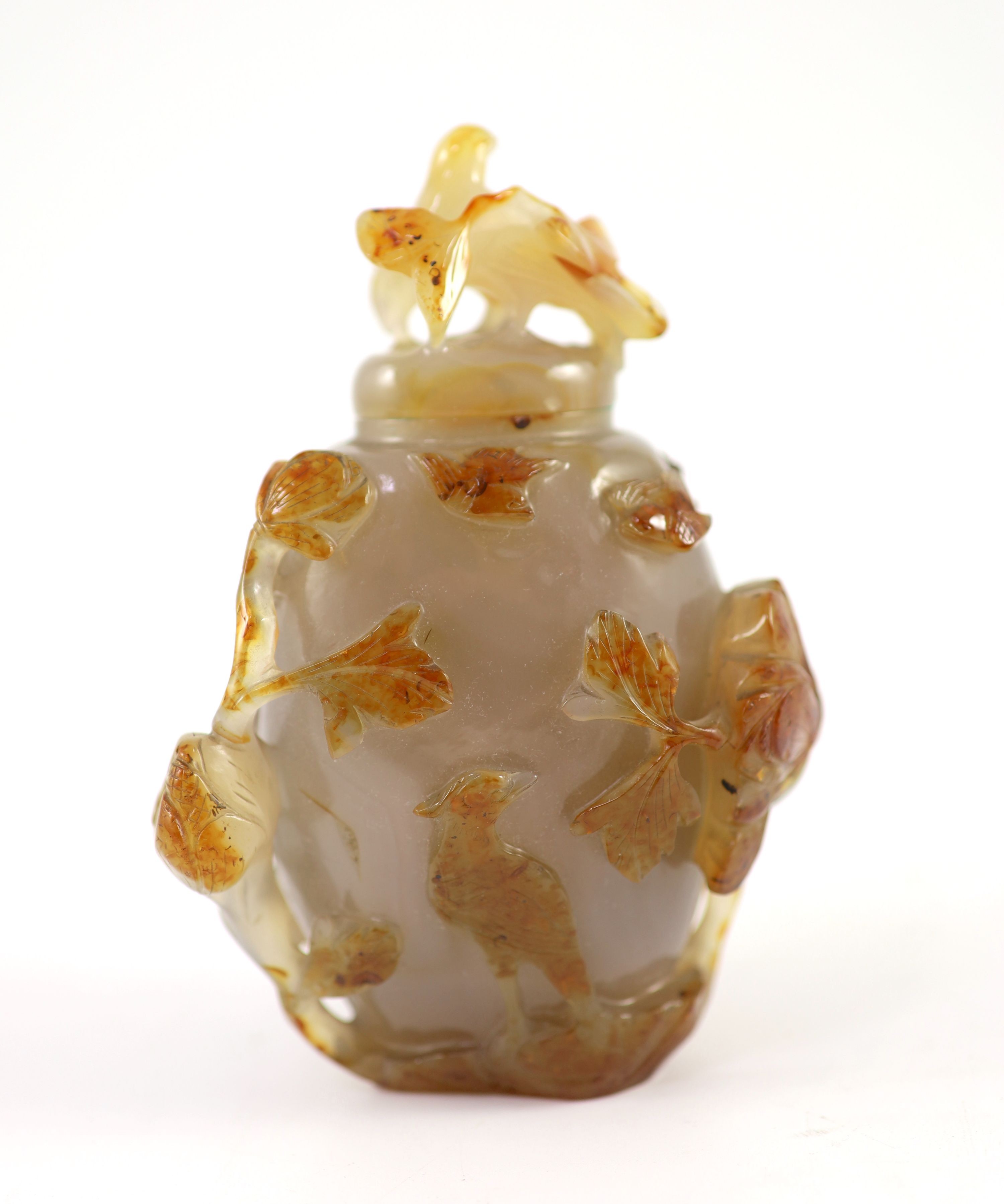 A Chinese agate vase and cover and a spinach green jade inscribed plaque, Qing dynasty and later 14 cm x 9 cm